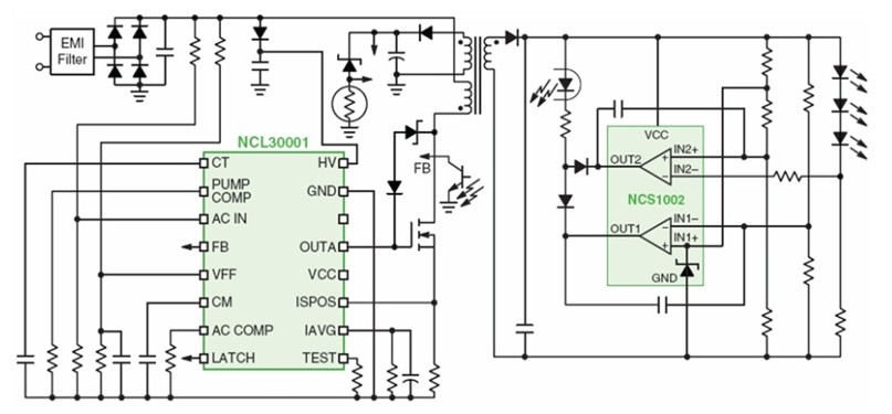 圖4：基於NCL30001的40-150 W AC-DC LED照明方案