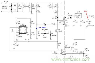 移動設備充電器所使用的一個5V/5W非連續反向電源的原理圖