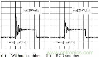加RCD吸收電路前後vds的實驗波形