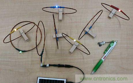 用來驗證&ldquo;直流共振方式&rdquo;的試製係統。在線圈間傳輸電力，點亮LED