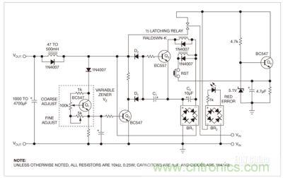 這個保護電路的核心是雙穩鎖存繼電器，防止負載因過壓和錯誤極性而遭損壞