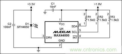 圖2：MAX44000典型電路，帶有發射器旁路