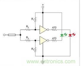 在雙門構成的CMOS/TTL兼容探頭中，R1至R4電阻網絡對反相器輸入端做偏置
