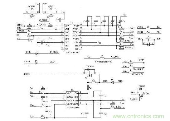 圖1為四節電池串聯使用時的保護係統原理圖 