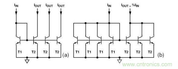 （a） 多級電流鏡 （b） 非整數比例電流鏡可將3個T2集電極結合起來，得到3IIN