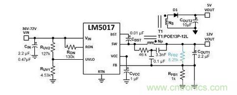 基於 LM5017 的 Fly-Buck 轉換器電路，沒有基於光耦合器的穩壓電路