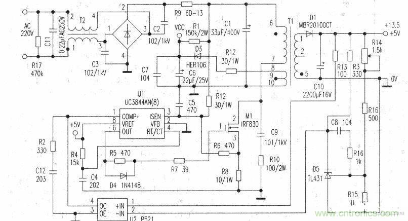 一款應用於電子裝置中的開關電源電路圖