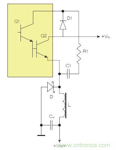 為了實現用兩個元器件提升電源轉換效率，芯片上應有針對驅動器晶體管Q1集電極的單獨引腳。