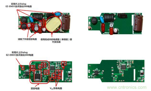 iW3688消除了20 多個外部元器件，降低BOM成本達20%~25%（左右分別為方案對比，上下為PCB正反麵）