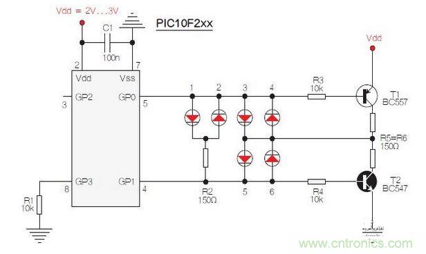 測試選擇PIC10F200，固件以兩個獨立、簡單的彙編程序源代碼的方式提供。