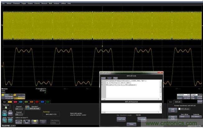 這個嵌入式MATLAB腳本用於解調調頻載波，並顯示調製波形。編輯框允許用戶不離開示波器環境就能完成腳本的創建或編輯。