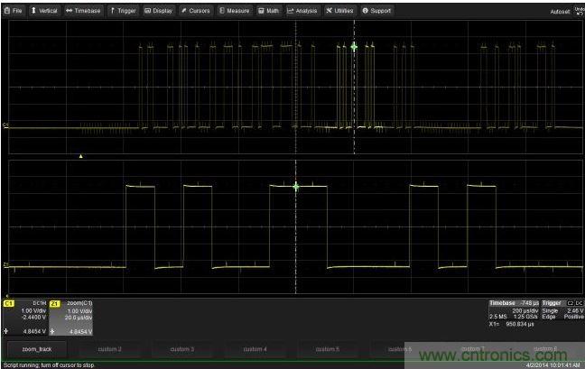 使用CustomDSO運行VB腳本&ldquo;zoom_Track.lss&rdquo;。當腳本運行時，縮放波形的中心將跟蹤水平的光標絕對位置。從圖中可以看出，光標將永遠位於縮放波形Z1的中心