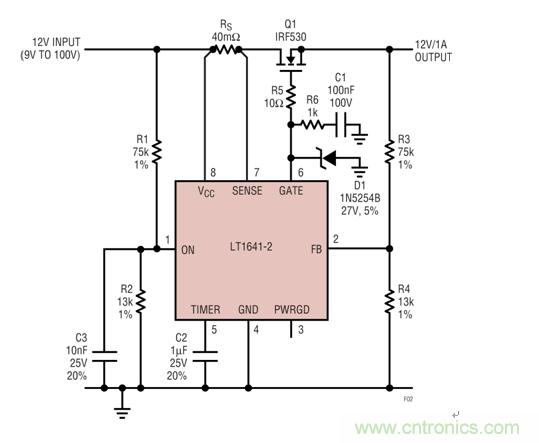 過壓瞬態保護器將輸出箝位在24V左右，如果輸入降至低於9V就斷接