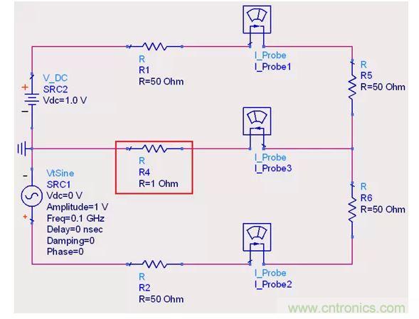 【導讀】說(shuo)實(shi)話(hua)，這(zhe)個(ge)問(wen)題(ti)也(ye)對(dui)高(gao)速(su)先(xian)生(sheng)造(zao)成(cheng)了(le)困(kun)擾(rao)。一(yi)直(zhi)都(dou)會(hui)有(you)人(ren)問(wen)回(hui)流(liu)的(de)交(jiao)疊(die)是(shi)否(fou)會(hui)造(zao)成(cheng)信(xin)號(hao)之(zhi)間(jian)的(de)幹(gan)擾(rao)，比(bi)如(ru)平(ping)麵(mian)的(de)上(shang)下(xia)走(zou)線(xian)重(zhong)疊(die)，回(hui)流(liu)路(lu)徑(jing)一(yi)樣(yang)時(shi)。通(tong)常(chang)會(hui)有(you)這(zhe)麼(me)幾(ji)種(zhong)回(hui)答(da)！  1.趨膚效應導致電流並沒有相交；  但是在1.2mil的銅厚的情況下，10MHz以上的信號才會出現明顯的趨膚效應。看來這個解釋並不合理。  2.信號在介質中傳遞，電磁場的耦合才會造成串擾；  這個說法沒錯，但是還是不能解開心中對電流走在同一條路徑上時，會不會造成相互之間幹擾的問題。  讓我們來做以下實驗，搭建一個拓撲如圖1所示： 1 圖1  環路1由一個DC1.0V供電，表示我們的受幹擾線，電流表1測量路徑1上的電流。  環路2由一個100MHz的AC1.0V供電，表示我們的幹擾源，電流表2測量路徑2上的電流。  電流表3測量回流路徑上的電流。  這樣一個結構，得到的結果是如何呢？如圖2所示： 2 圖2  可以看到，我們的被幹擾源就是一個幹淨的直線，雖然環路1和環路2在回流路徑上電流交疊，但是他們相互之間並不影響。其實這不就是基爾霍夫定律嗎。  有人會試圖從電磁場的角度來否定基爾霍夫定律在這裏的正確性，&ldquo;回流路徑也會產生電磁場，這些電磁場會與其他的回流路徑相互影響&rdquo;。但事實上是，回流路徑與回流路徑之間是沒有耦合途徑的，他們在同一個平麵上，沒有容性耦合，也沒有感性耦合。  那麼是否回流就不會影響我們的信號質量了呢？當然是會影響的。  其實在圖1的實驗中，筆者討了個巧，將地平麵各個短路點之間的阻抗當成了0，但實際上，地平麵的各個不同的點之間是有轉移阻抗的。讓我們模擬實際情況再看看圖3： 3 圖3  這時候我們假設我們的地平麵是有1&Omega;電阻的。（當然這是為了實驗效果，實際上地平麵阻抗並不會有這麼大），結果如圖4： 4 圖4  是shi的de，幹gan擾rao出chu現xian了le。這zhe個ge幹gan擾rao並bing不bu是shi來lai自zi於yu回hui流liu路lu徑jing之zhi間jian的de電dian流liu耦ou合he，而er是shi來lai自zi於yu我wo們men地di平ping麵mian本ben身shen由you於yu有you轉zhuan移yi阻zu抗kang的de存cun在zai，導dao致zhi回hui流liu流liu經jing地di平ping麵mian時shi，造zao成cheng地di平ping麵mian並bing不bu是shi一yi個ge完wan美mei的de0電平。  回流就是這樣幹擾我們的信號的，也就是我們所說的地彈。