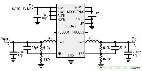 17V輸入、雙路1A輸出的同步降壓型穩壓器