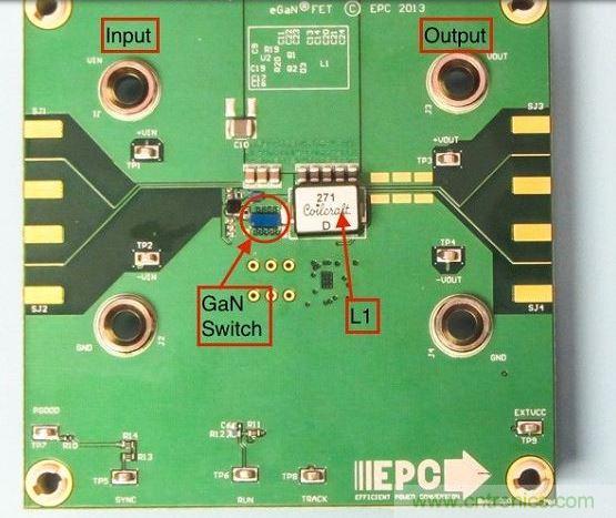 演示板用於顯示GaN的EMI。該GaN組件被圈定，我會在L1左側測量切換的波形。