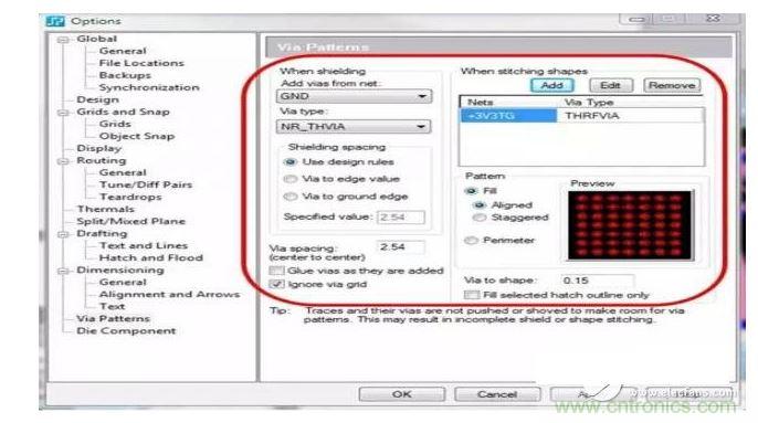 利用支持射頻設計的PCB 設(she)計(ji)工(gong)具(ju)，您(nin)可(ke)以(yi)設(she)置(zhi)用(yong)於(yu)生(sheng)成(cheng)過(guo)孔(kong)模(mo)式(shi)的(de)設(she)計(ji)規(gui)則(ze)，並(bing)自(zi)動(dong)在(zai)您(nin)的(de)設(she)計(ji)中(zhong)強(qiang)製(zhi)實(shi)施(shi)這(zhe)些(xie)規(gui)則(ze)，從(cong)而(er)節(jie)省(sheng)您(nin)的(de)時(shi)間(jian)和(he)確(que)保(bao)符(fu)合(he)您(nin)的(de)所(suo)有(you)設(she)計(ji)規(gui)則(ze)。