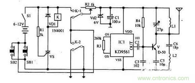 【導讀】隨sui著zhe環huan保bao意yi識shi的de增zeng強qiang，電dian動dong車che已yi大da量liang進jin入ru我wo們men家jia庭ting，成cheng為wei部bu分fen人ren必bi不bu可ke少shao的de交jiao通tong工gong具ju。如ru何he防fang止zhi電dian動dong車che被bei盜dao則ze是shi車che主zhu十shi分fen關guan心xin的de問wen題ti，為wei此ci，出chu現xian了le各ge類lei電dian動dong車che防fang盜dao鎖suo。除chu此ci之zhi外wai呢ne？還hai有you什shen麼me好hao的de方fang法fa防fang盜dao呢ne？我wo們men為wei大da家jia介jie紹shao一yi款kuan電dian動dong車che防fang盜dao報bao警jing器qi電dian路lu圖tu。  geleidiandongchefangdaosuodaliangyongchu，danshi，diandongchebeidaoxianxiangrengcengchubuqiong，jiaogaojidediandongchefangdaosuozaiduanshijianneinanyipohuai，daozeibianjiangdiandongchebanshangqitacheliangshangdaozou，zheyang，zaigaojidefangdaosuoyexiandewunengweilile。jianyuci，womenweidajiajieshaoyikuandiandongchefangdaobaojingqidianlutu。 1 報警器發射機部分是由繼電器K和可控矽VS用來控製發射機電路的電源。IC1組成警聲信號電路。晶體管V及其外圍元件組成射頻振蕩電路，發射報警信號。  在等待狀態時，開關S1接通，而SB1斷開（即車頭鎖被鎖住），K就處在釋放狀態，報警發射機不工作。當車頭鎖被打開時（即SB1接通），VS被觸發導通，K吸合，接通發射機電源。SB1接通後，K-2的常開點將其自鎖，此時隻有斷開S1報警方能結束。在K動作時，其常閉觸點K-l斷開，切斷發動機點火電路。  接收機電路由TDA7010和開關功放TWH8778、TWH68組成。當IC2 收到報警信號時其互腳的高電平通過IC3經IC4放大由TWH15放出報警聲。但要考慮到頻率的穩定性，因為7010自身沒有頻率穩定電路，在工作時要多作檢測，最好用印製板和貼片元件。  按an上shang述shu操cao作zuo方fang法fa停ting放fang車che輛liang後hou，報bao警jing器qi即ji進jin入ru待dai報bao警jing狀zhuang態tai。在zai待dai報bao警jing期qi間jian，隻zhi要yao有you人ren無wu論lun用yong什shen麼me方fang法fa打da開kai車che頭tou鎖suo或huo搬ban移yi車che輛liang，都dou將jiang觸chu發fa報bao警jing器qi報bao警jing不bu停ting，並bing切qie斷duan發fa動dong機ji電dian源yuan使shi車che輛liang無wu法fa起qi動dong，直zhi至zhi車che主zhu人ren趕gan來lai將jiang點dian火huo鑰yao匙chi插cha入ru點dian火huo鎖suo內nei轉zhuan到dao關guan的de位wei置zhi，報bao警jing才cai能neng解jie除chu。
