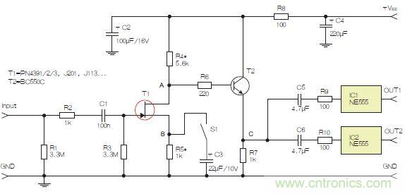 圖3：采用兩個工作在不同頻率下的555定時器電路，以獲取不同的音效。