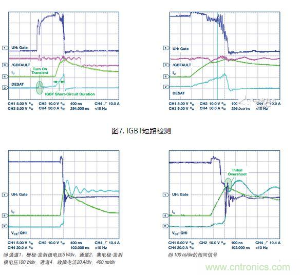 過流關斷時序延遲（通道1：柵極-發射極電壓10 V/div；通道2：來自 控製器的PWM信號5 V/div；通道3：低電平有效跳變信號5 V/div；100 ns/div）