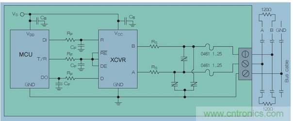 在高暴露環境中的RS-485總線的電路保護示意圖中，上圖類似&ldquo;Z&rdquo;字形的符號可代表多種過壓保護解決方案，包括Q2L係列SIDACtor保護晶閘管(圖7)。